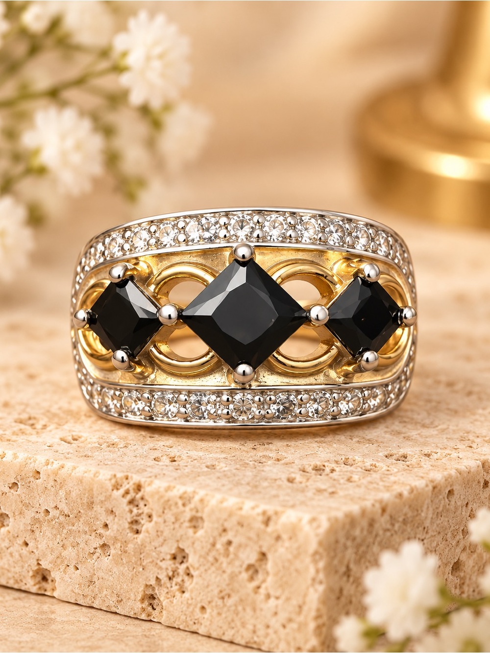 Vintage 925 Sterling Silver Rhodium Plated Black CZ Two-Tone Ring Size 7